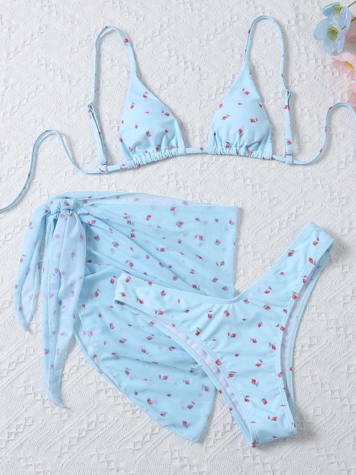Beach Style Printed Swimsuit Three Piece Set