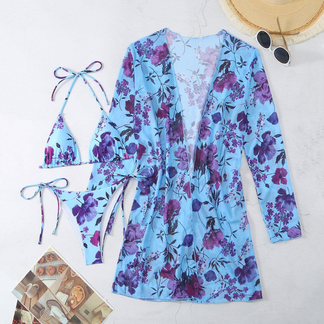New Swimsuit Women's Printed Mesh Three-piece Blouse