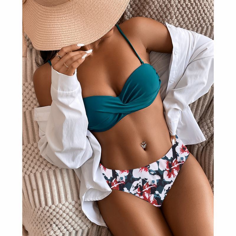 Floral High-Waist Tube Top Bikini – Split Design & Stylish