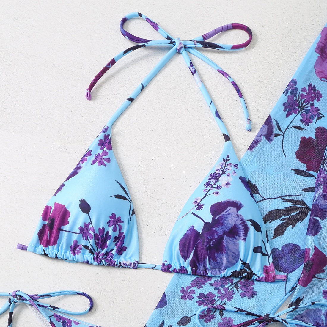 New Swimsuit Women's Printed Mesh Three-piece Blouse