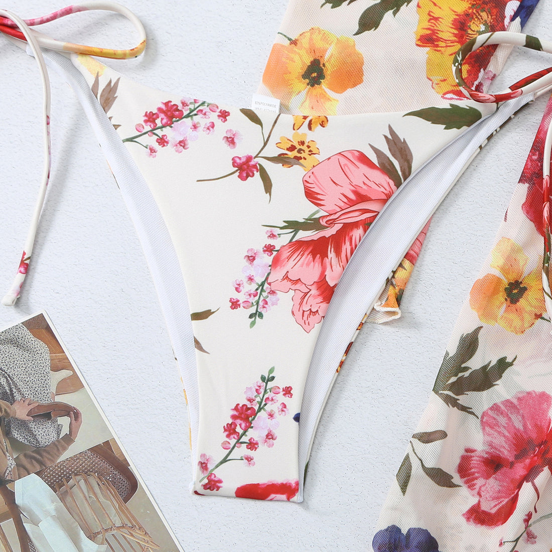 New Swimsuit Women's Printed Mesh Three-piece Blouse