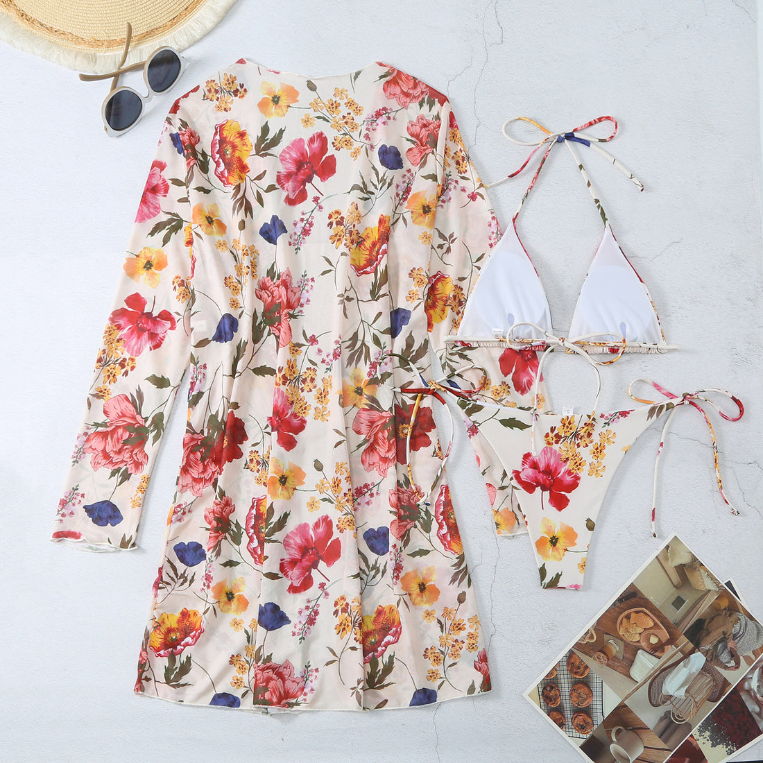 New Swimsuit Women's Printed Mesh Three-piece Blouse