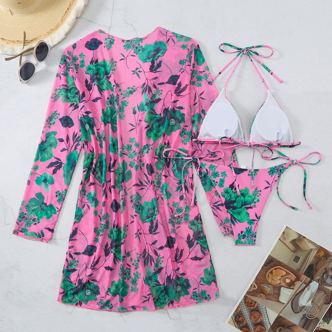 New Swimsuit Women's Printed Mesh Three-piece Blouse