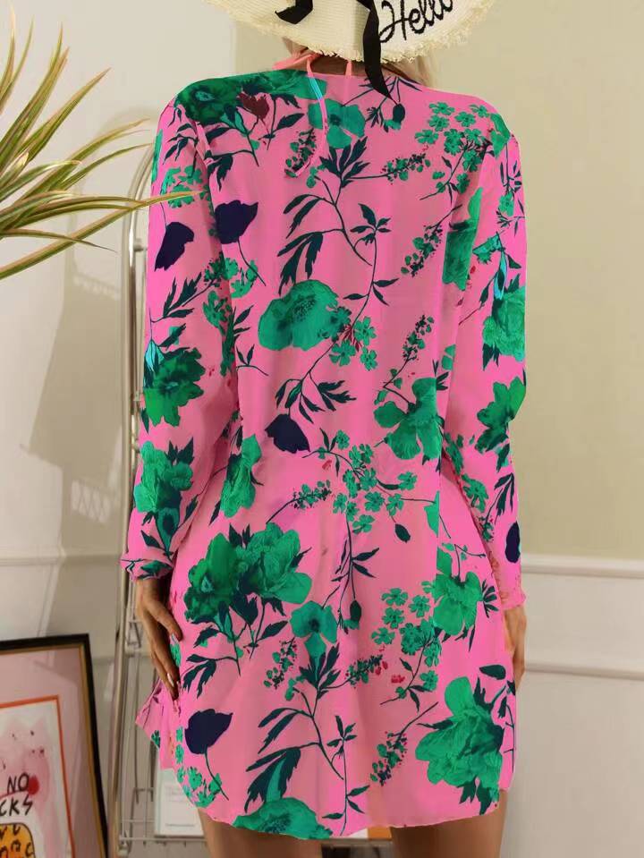 New Swimsuit Women's Printed Mesh Three-piece Blouse