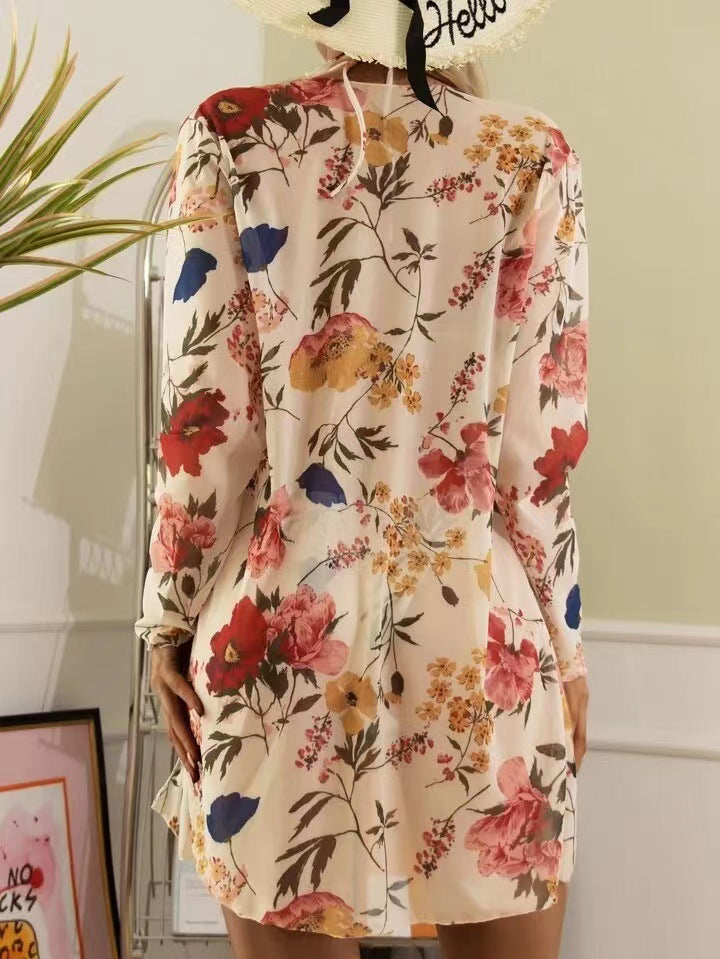 New Swimsuit Women's Printed Mesh Three-piece Blouse