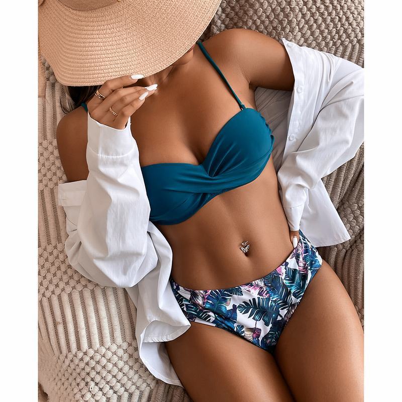 Floral High-Waist Tube Top Bikini – Split Design & Stylish