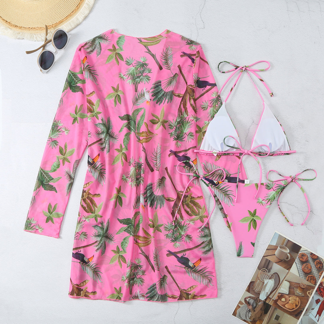 New Swimsuit Women's Printed Mesh Three-piece Blouse