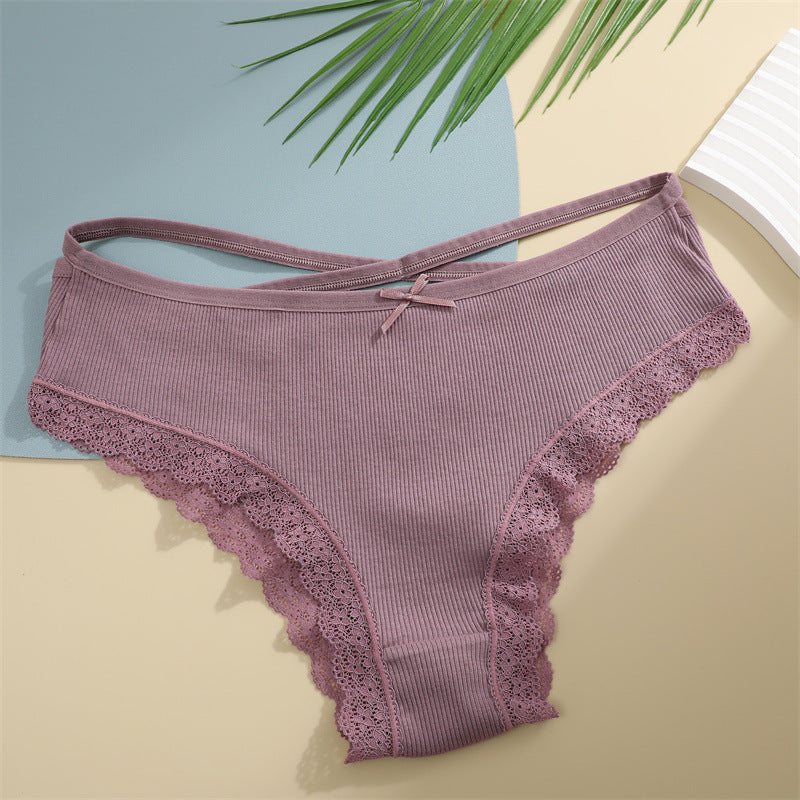 Threaded Cotton Cute Bowknot Low Waist Lace Edge Women's Underwear
