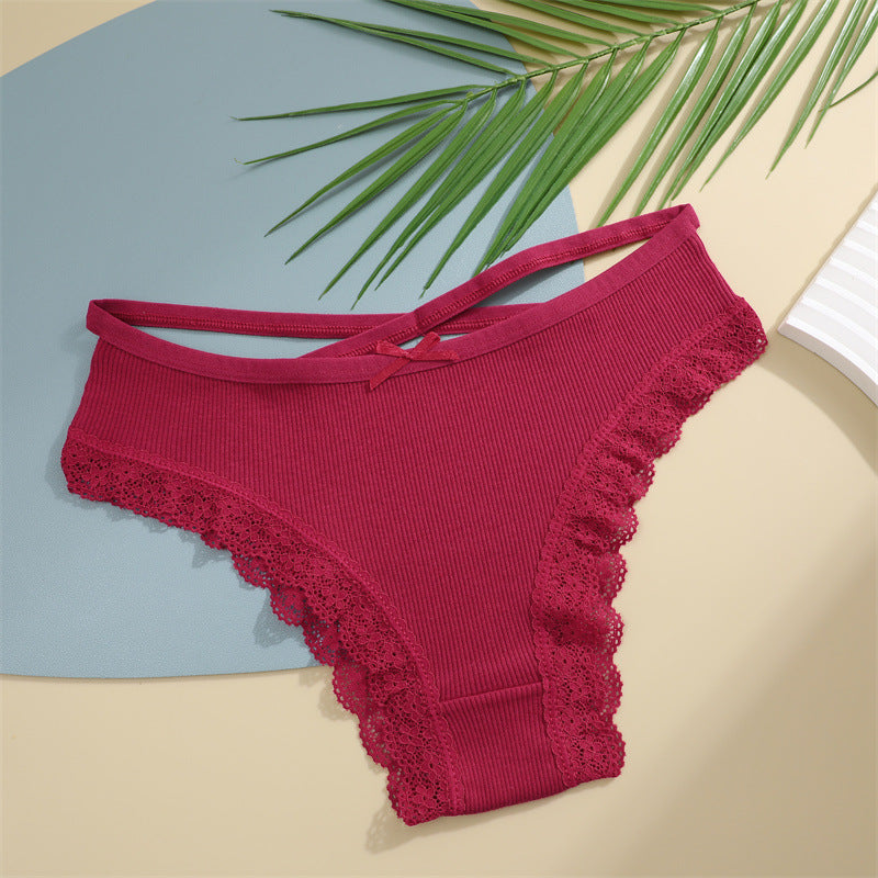 Threaded Cotton Cute Bowknot Low Waist Lace Edge Women's Underwear