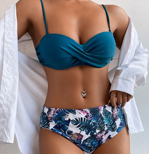 Floral High-Waist Tube Top Bikini – Split Design & Stylish