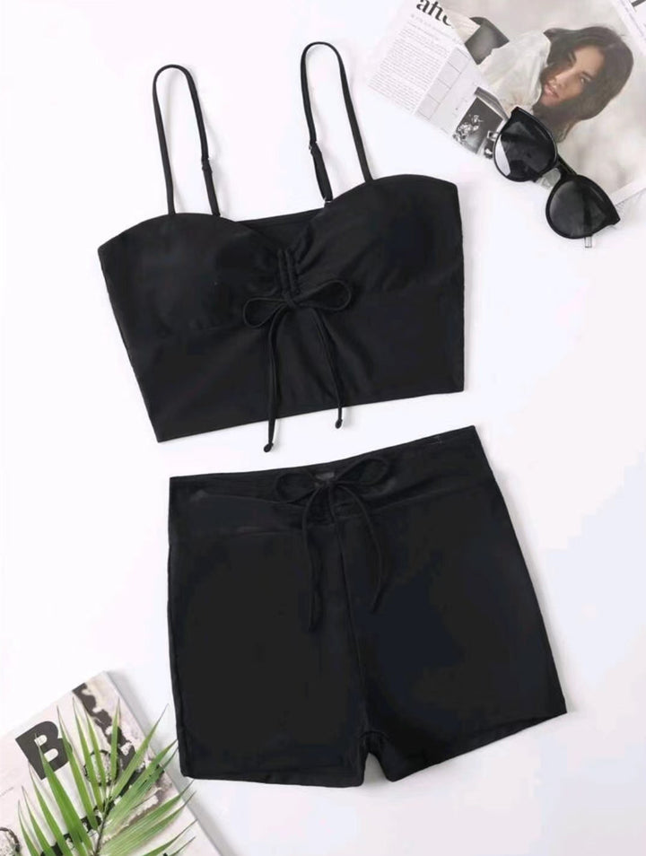 Solid Color High-Waist Boxer Swimsuit – Split & Drawstring Design