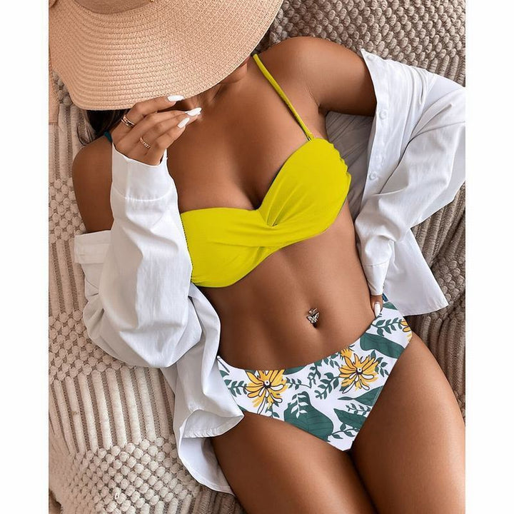 Floral High-Waist Tube Top Bikini – Split Design & Stylish