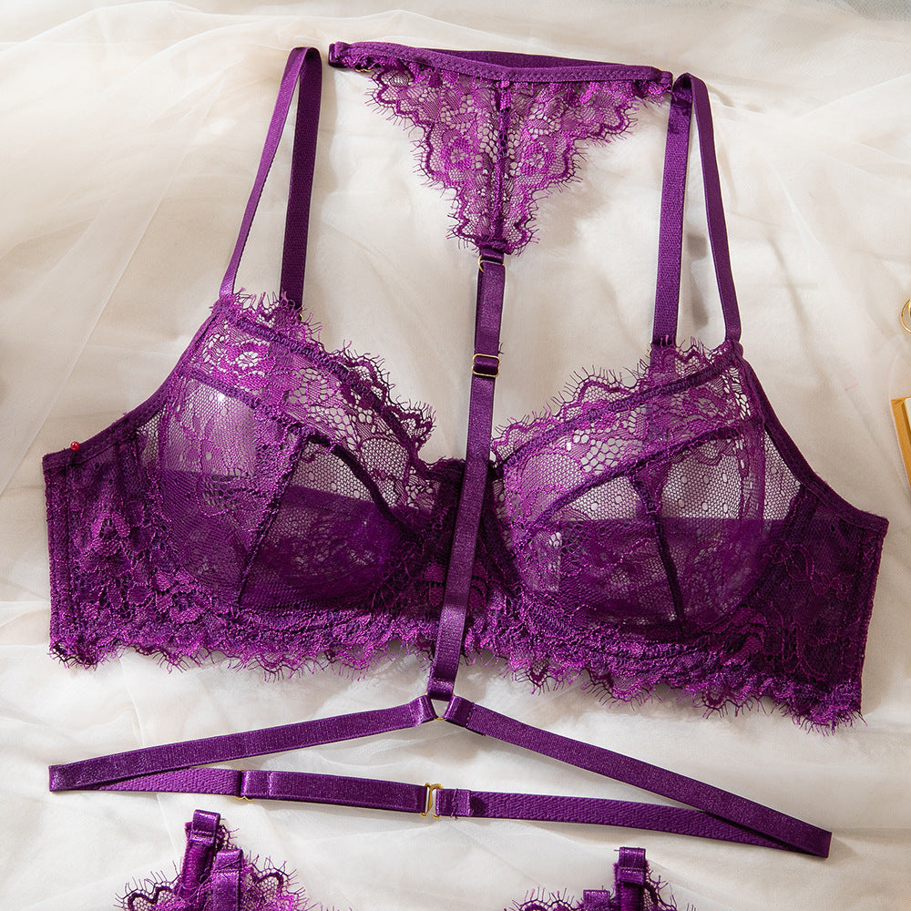 Purple Women's Underwear Halter Lace Push Up Bra Set