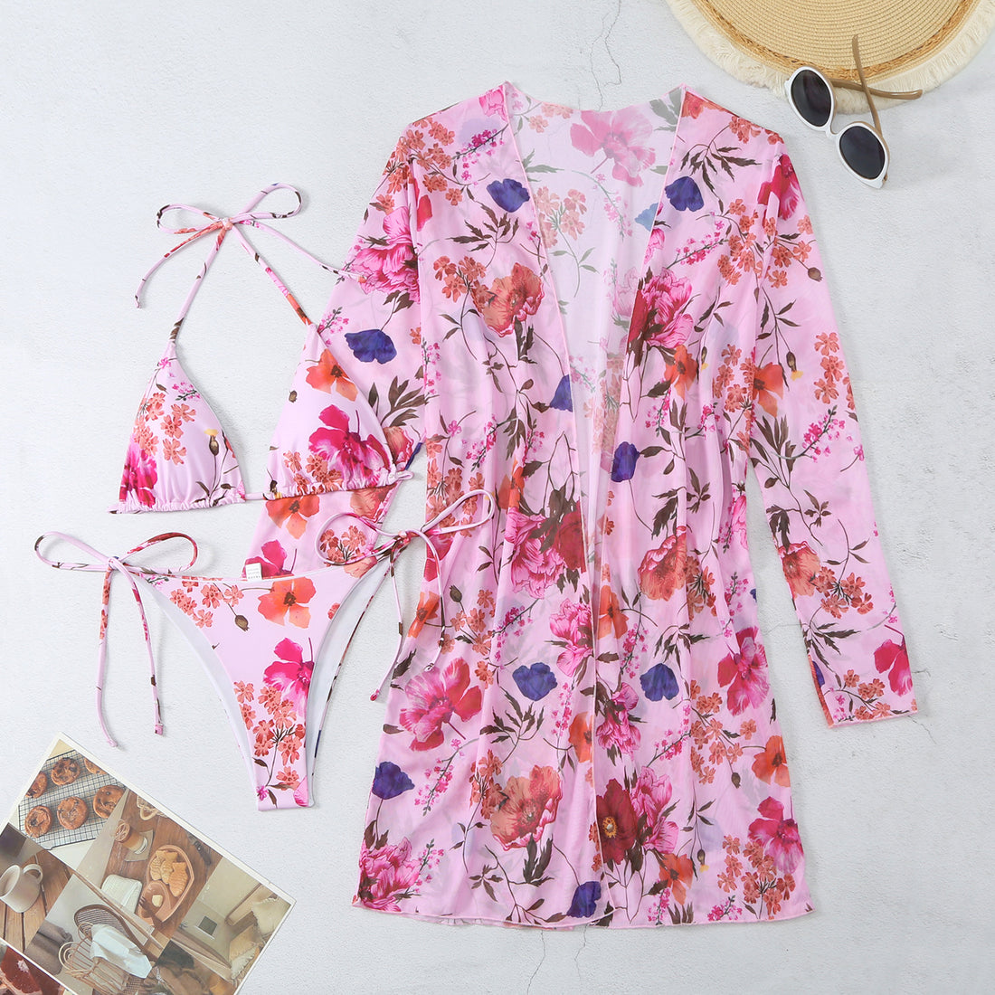 New Swimsuit Women's Printed Mesh Three-piece Blouse