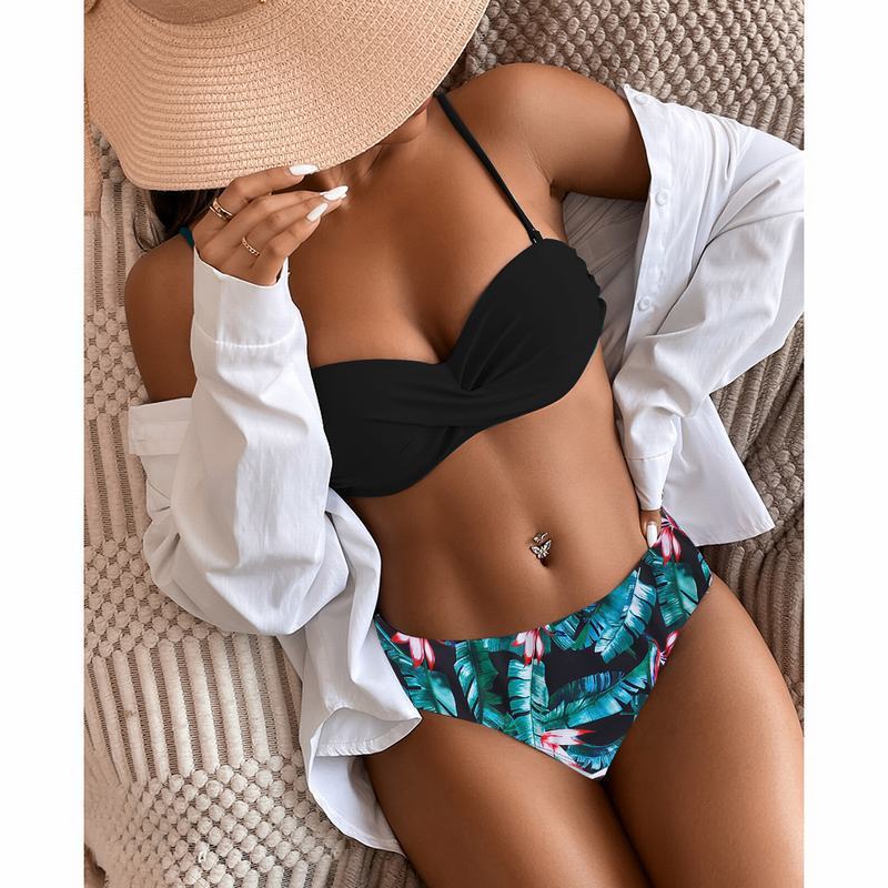 Floral High-Waist Tube Top Bikini – Split Design & Stylish