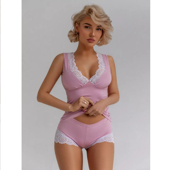 Home Wear Lace Super Short Shorts Two-piece Suit Comfortable Home Leisure Sexy Cotton Women's Pajamas