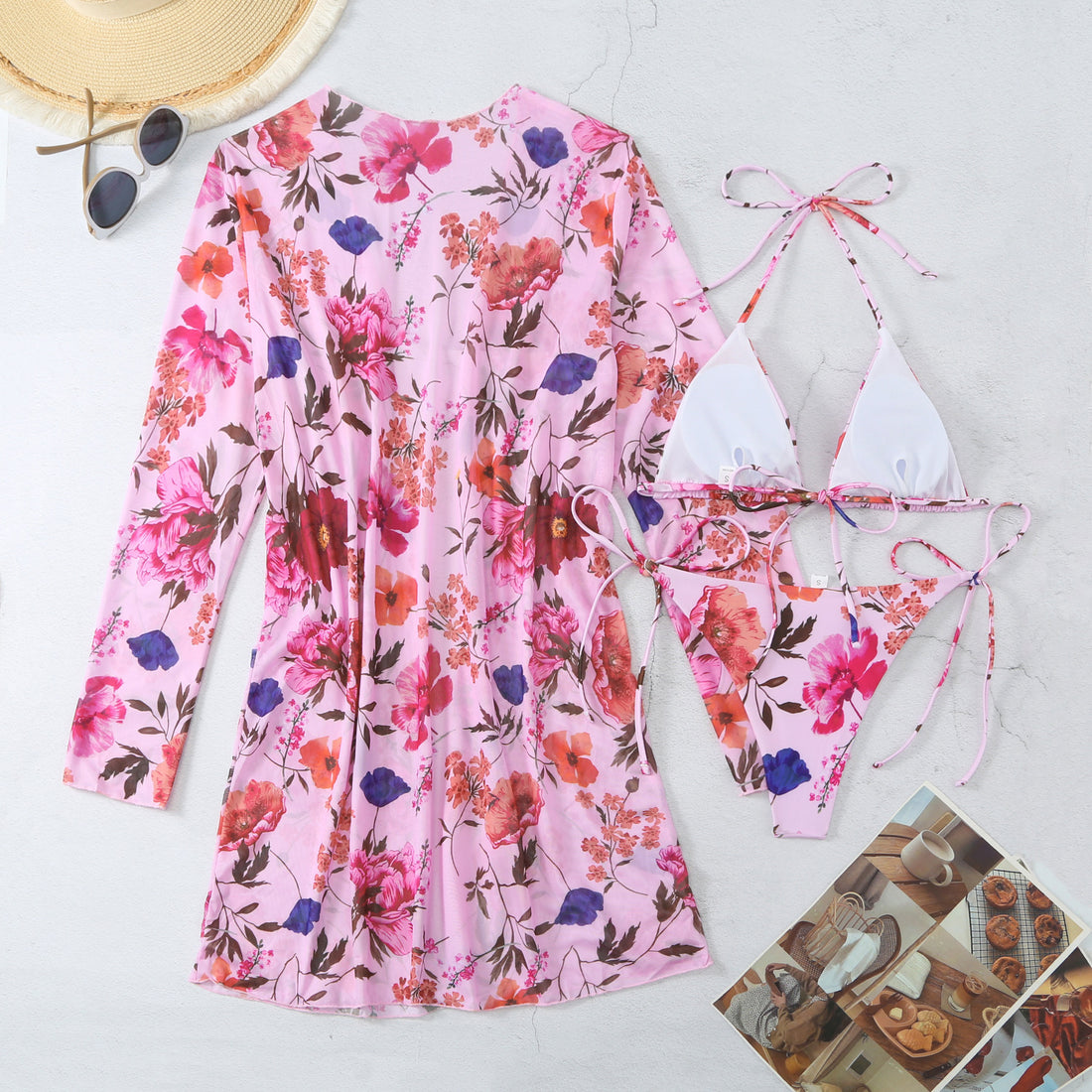 New Swimsuit Women's Printed Mesh Three-piece Blouse
