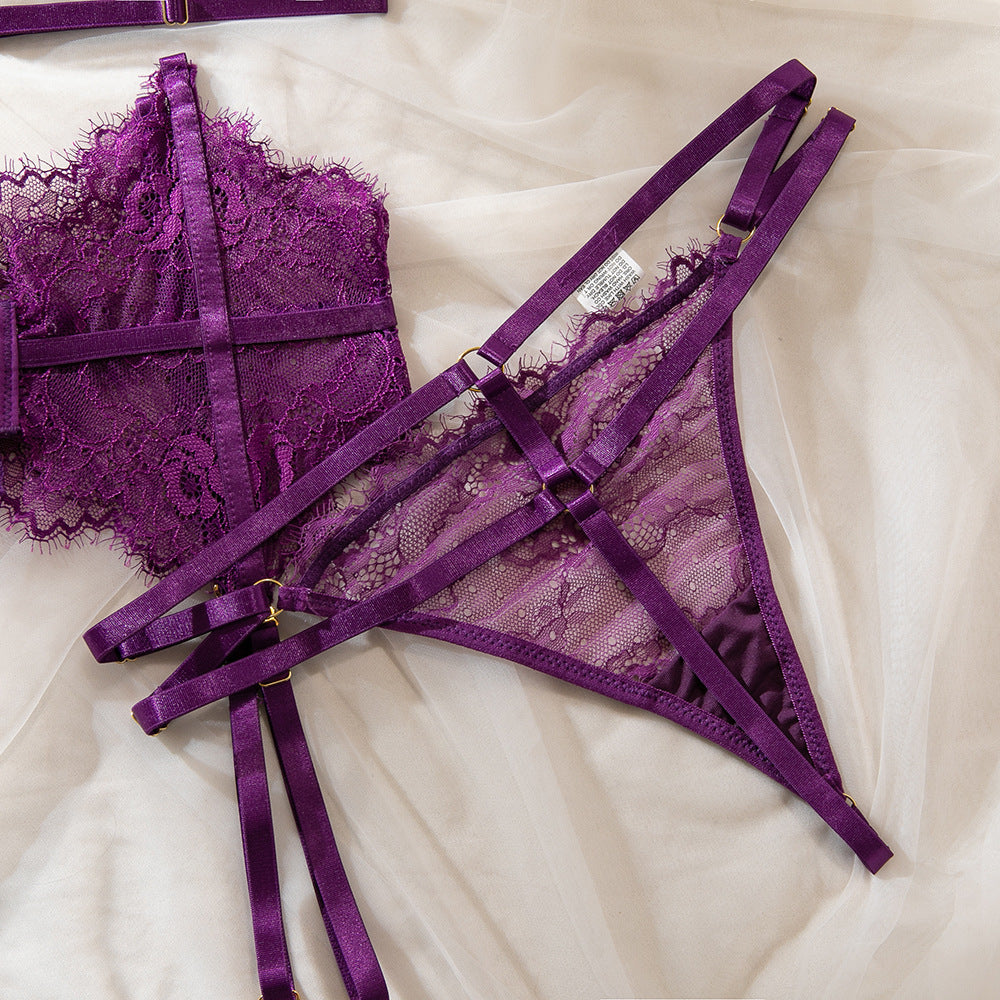 Purple Women's Underwear Halter Lace Push Up Bra Set