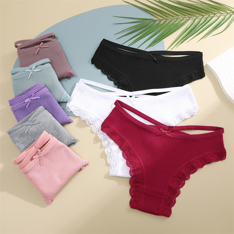 Threaded Cotton Cute Bowknot Low Waist Lace Edge Women's Underwear