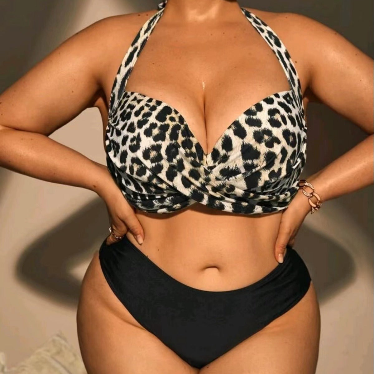 European And American Big Chest Hard Bag Plus Size Swimsuit Split High Waist Leopard Print Bikini