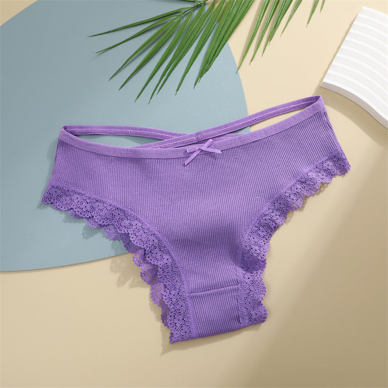 Threaded Cotton Cute Bowknot Low Waist Lace Edge Women's Underwear