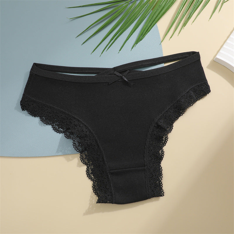 Threaded Cotton Cute Bowknot Low Waist Lace Edge Women's Underwear