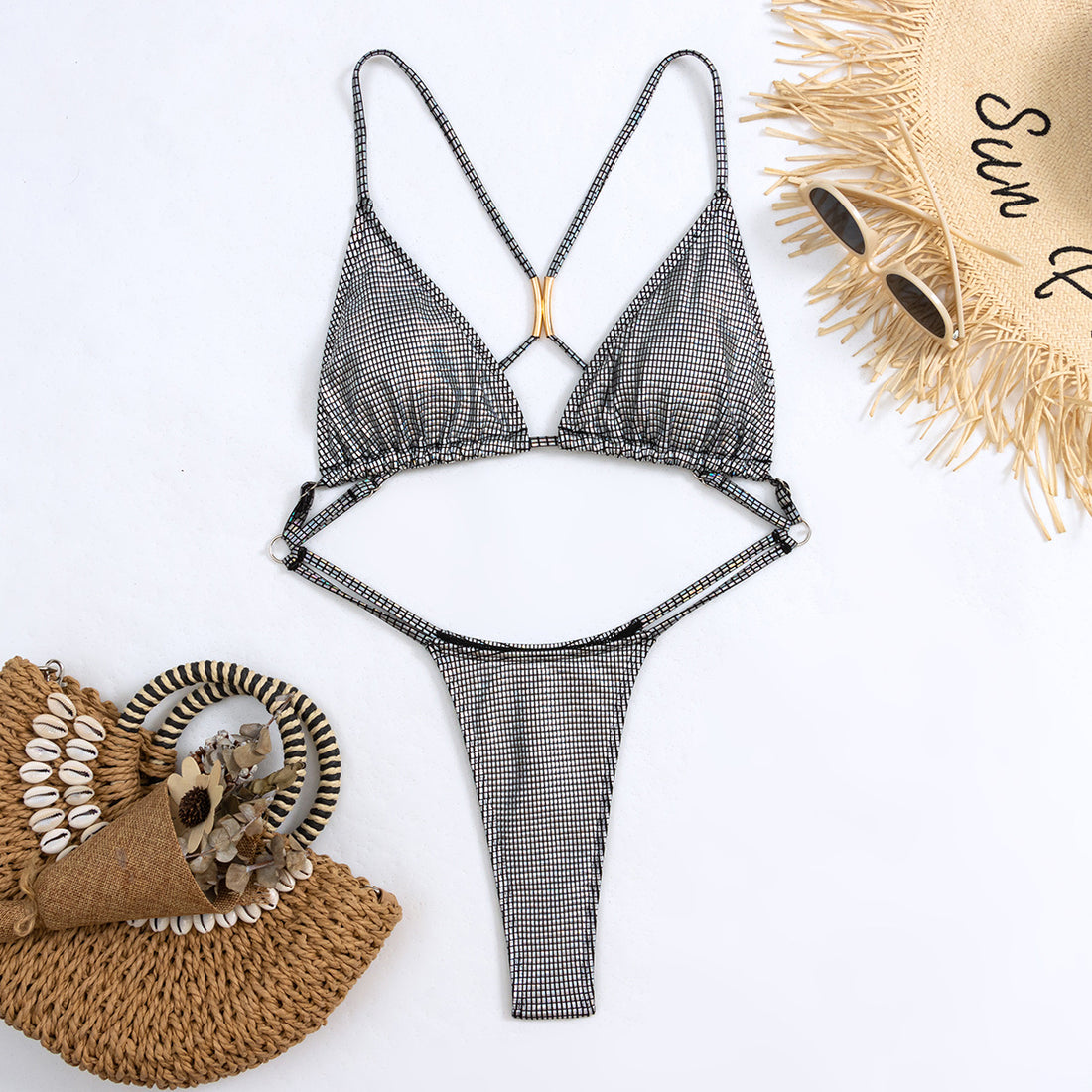 Back Hollow-out Shiny Bikini Swimsuit