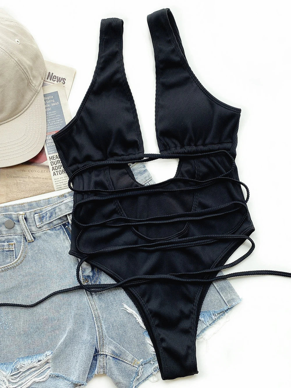 One-piece Bikini Solid Color Hollow Straps