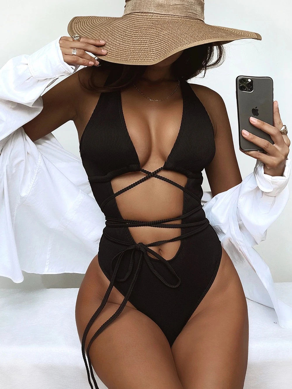 One-piece Bikini Solid Color Hollow Straps