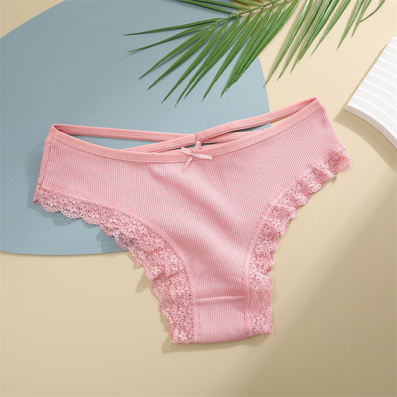 Threaded Cotton Cute Bowknot Low Waist Lace Edge Women's Underwear
