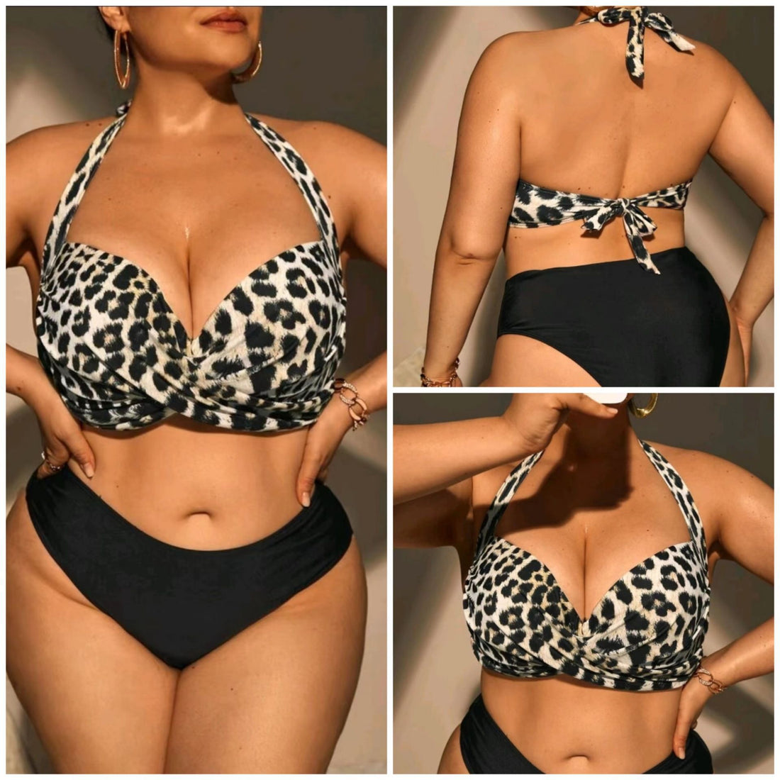 European And American Big Chest Hard Bag Plus Size Swimsuit Split High Waist Leopard Print Bikini