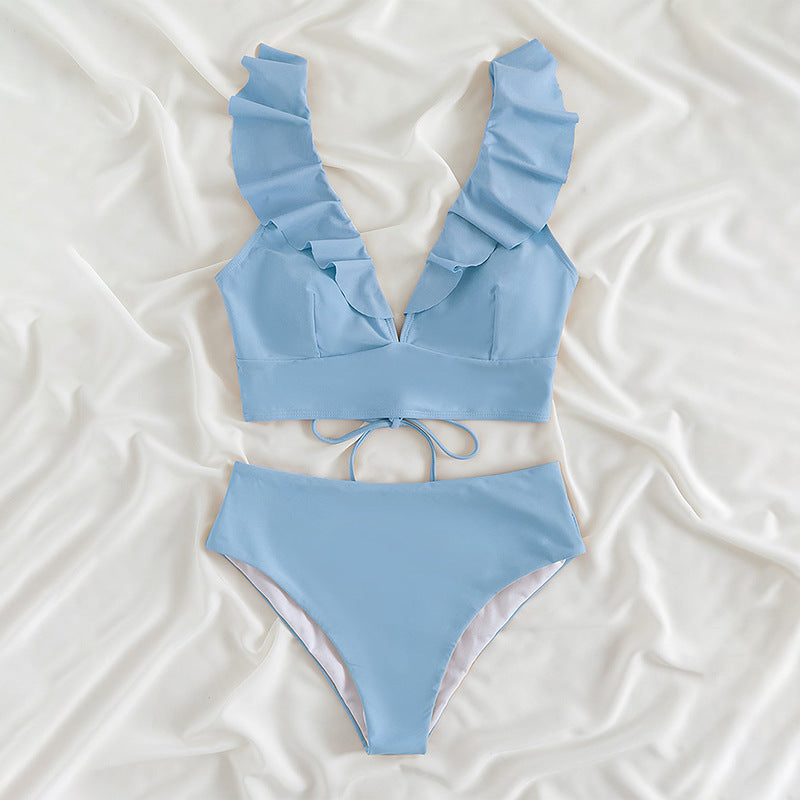 Crinkled Lace Double Strap High Waist Split Swimsuit