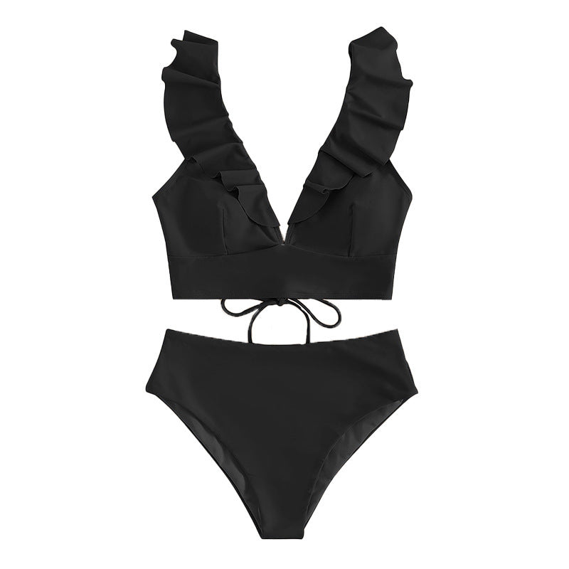 Crinkled Lace Double Strap High Waist Split Swimsuit