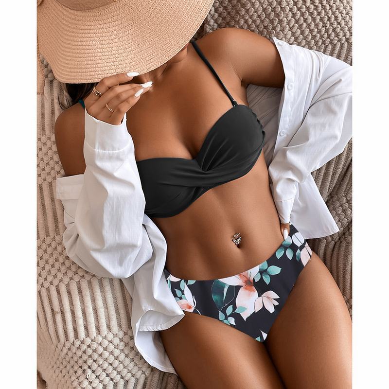 Floral High-Waist Tube Top Bikini – Split Design & Stylish