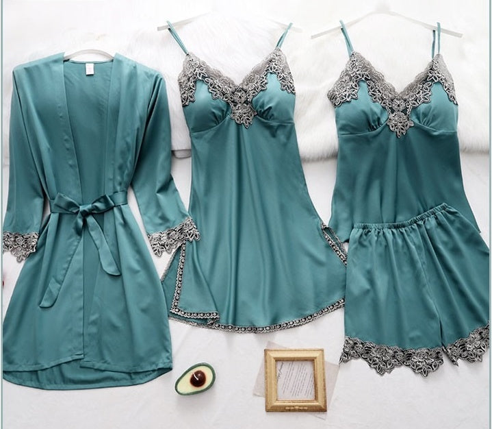 French Pajamas Spring And Summer Thin Ice Silk Nightdress Five-piece Suit