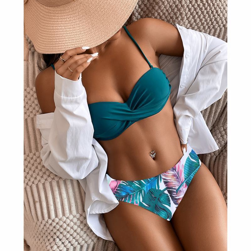 Floral High-Waist Tube Top Bikini – Split Design & Stylish