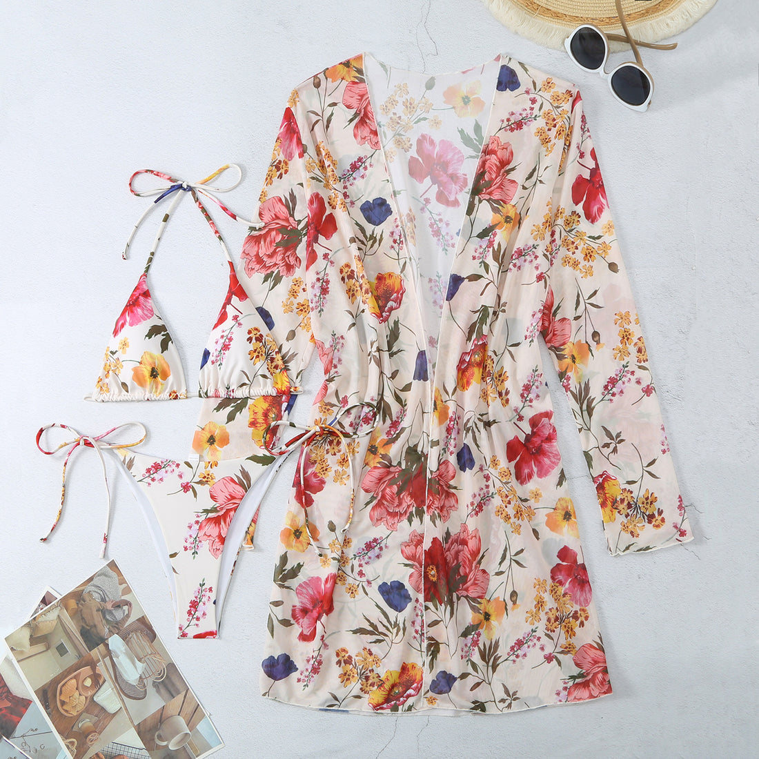 New Swimsuit Women's Printed Mesh Three-piece Blouse