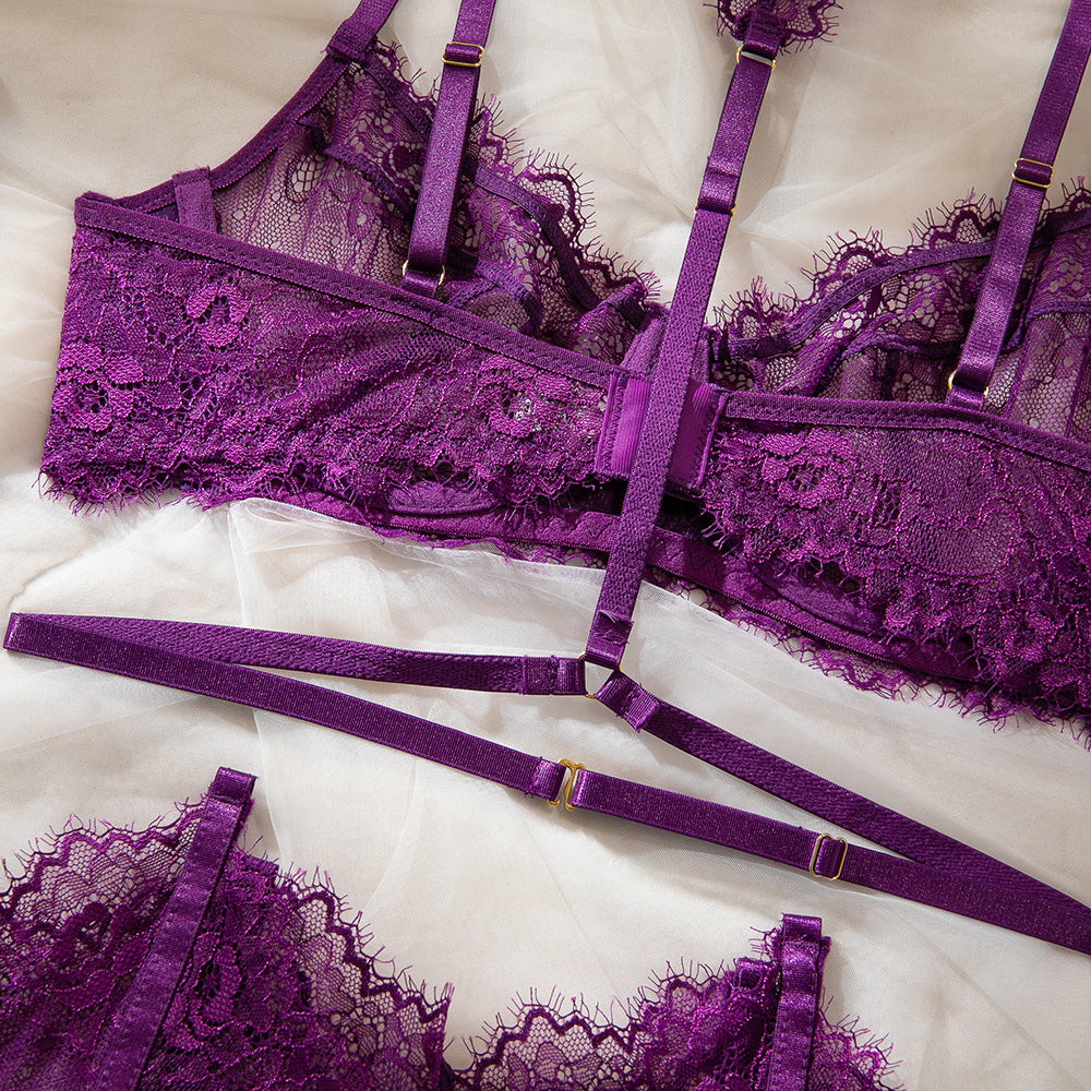 Purple Women's Underwear Halter Lace Push Up Bra Set