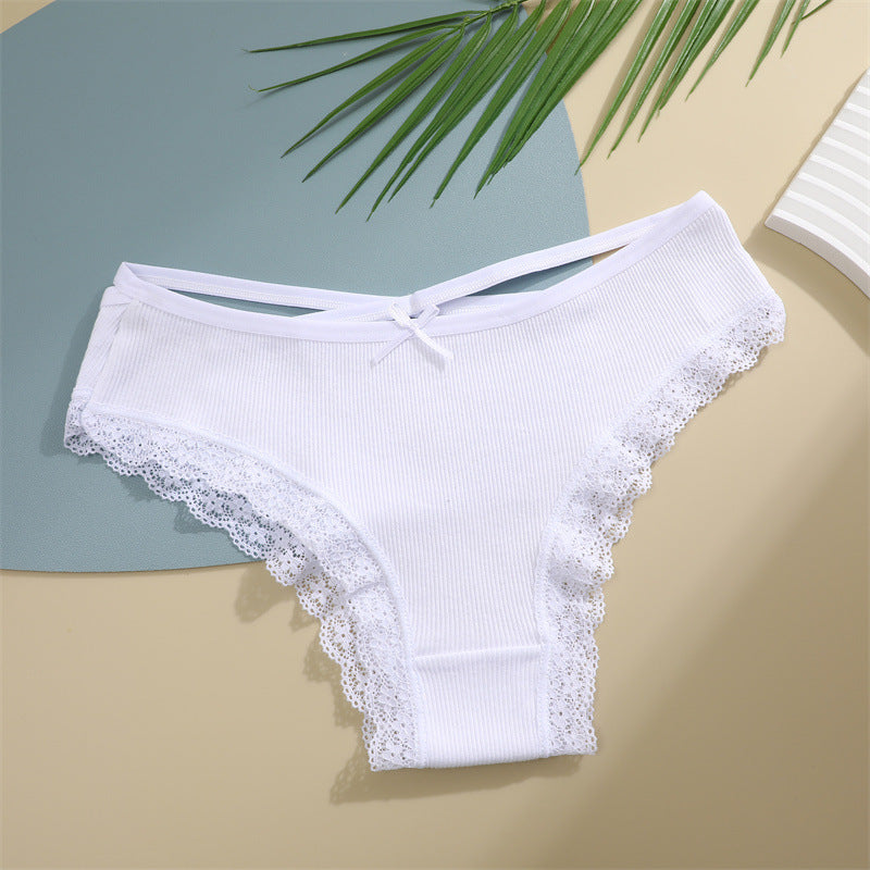Threaded Cotton Cute Bowknot Low Waist Lace Edge Women's Underwear