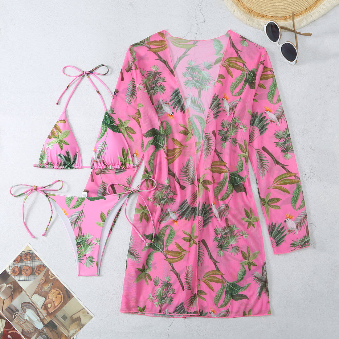 New Swimsuit Women's Printed Mesh Three-piece Blouse